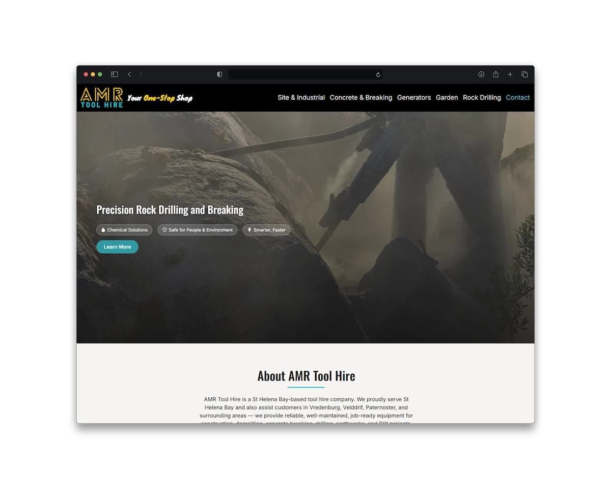 AMR Tool Hire website homepage on desktop