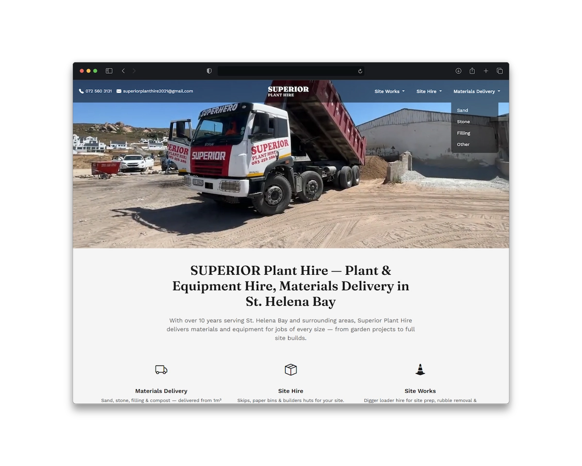 Superior Plant Hire website homepage on desktop